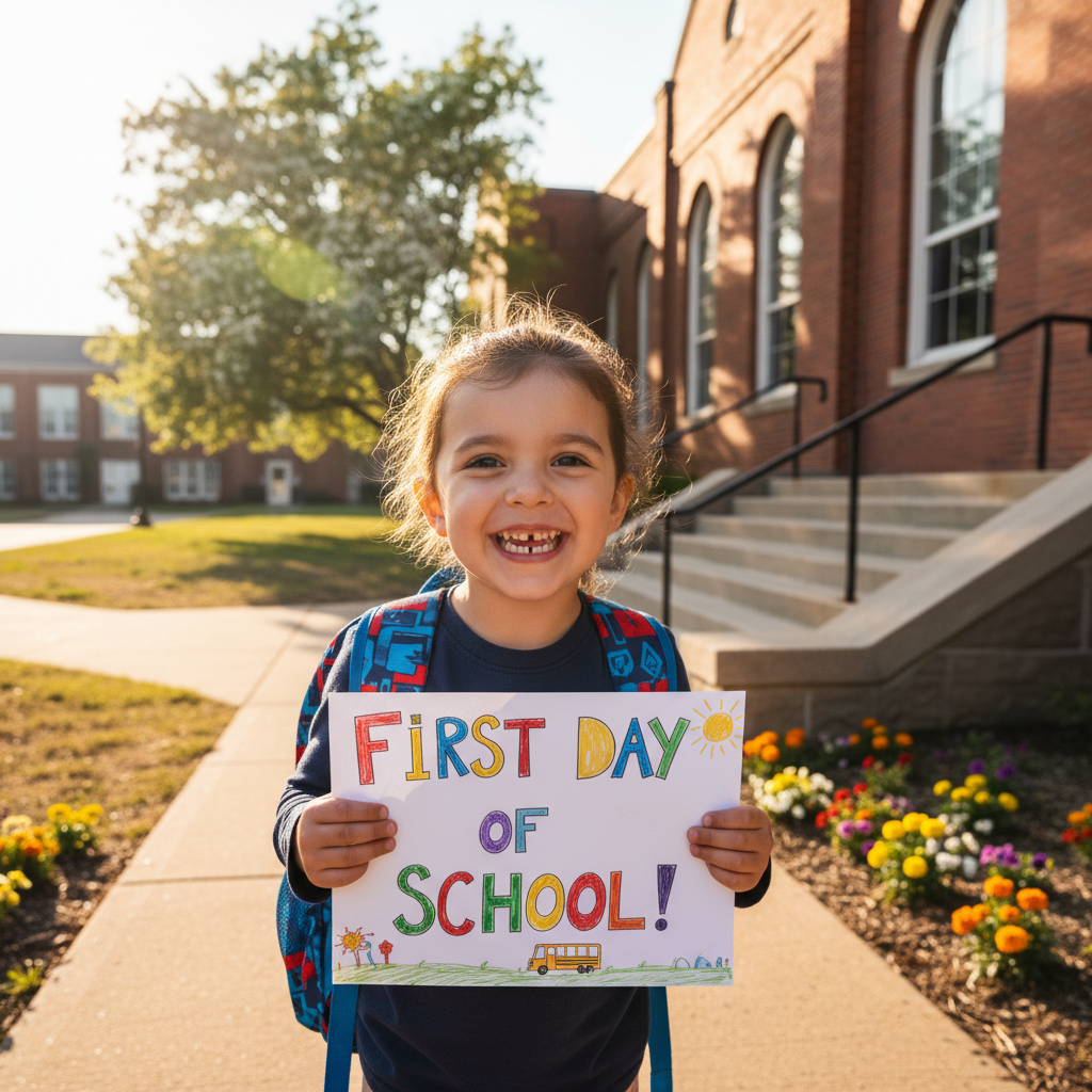 Kid with backpack holding first-day-of-school card on front steps