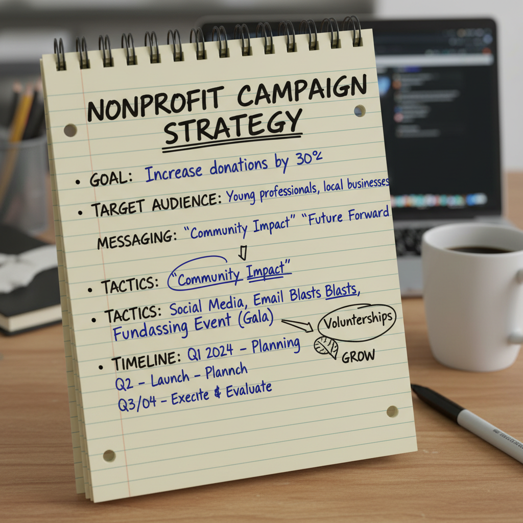 Handwritten strategy notes on notebook paper for nonprofit campaign planning