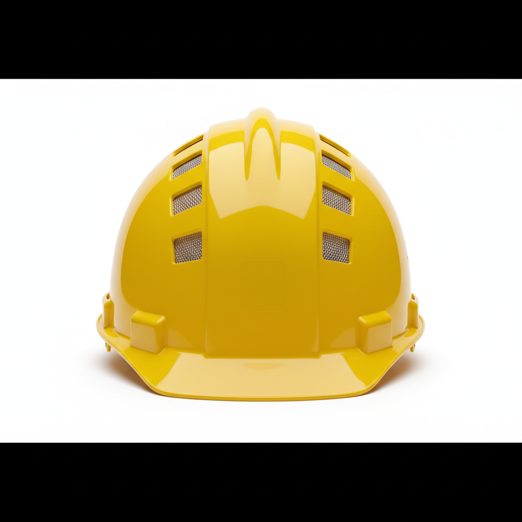Yellow hard hat on white background, safety equipment product shot