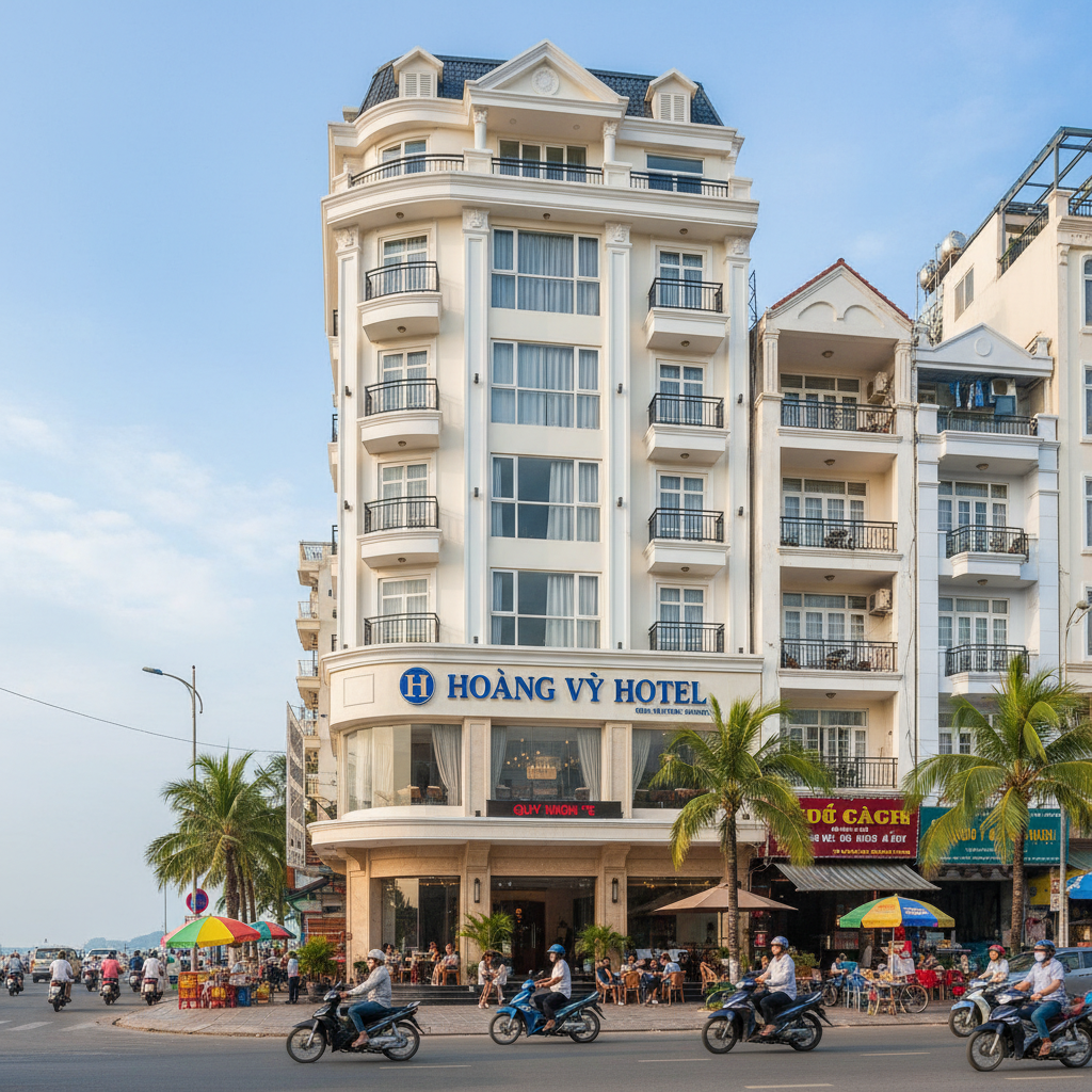 Toàn cảnh khách sạn Hoàng Vy nhìn từ ngoài đường - vị trí trung tâm Quy Nhơn