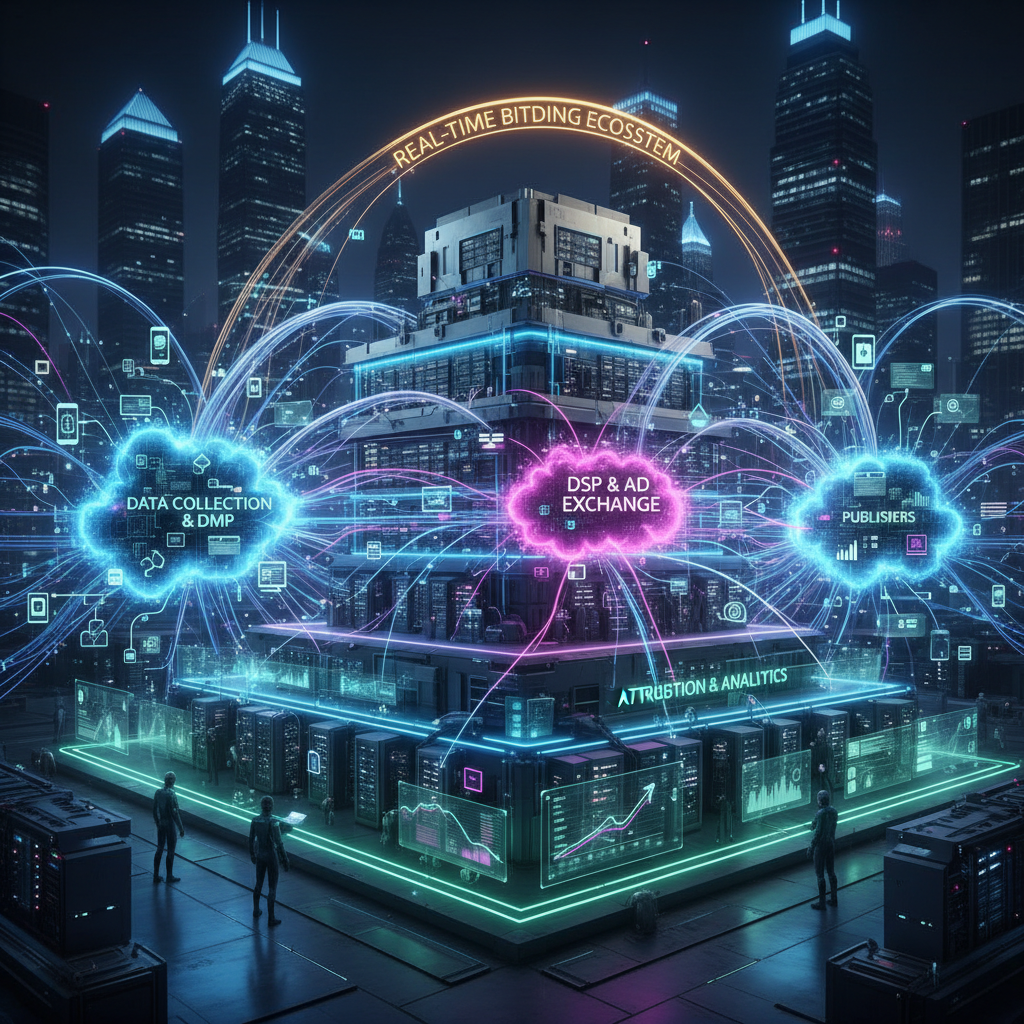 Modern technology infrastructure with network connections representing advertising platform architecture