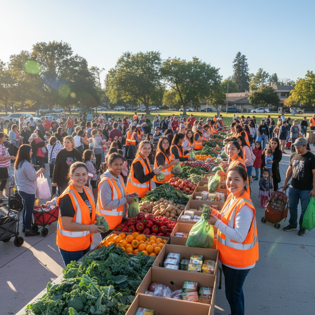 African volunteers in Joe & Jane Humanitarian Foundation branded orange vests with foundation logo serving hot meals to families at an outdoor community food drive