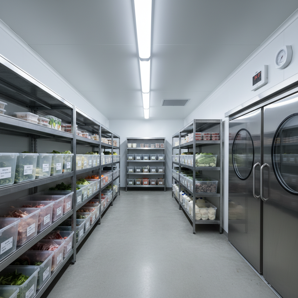 Clean commercial walk-in cooler interior with proper temperature and organized shelving