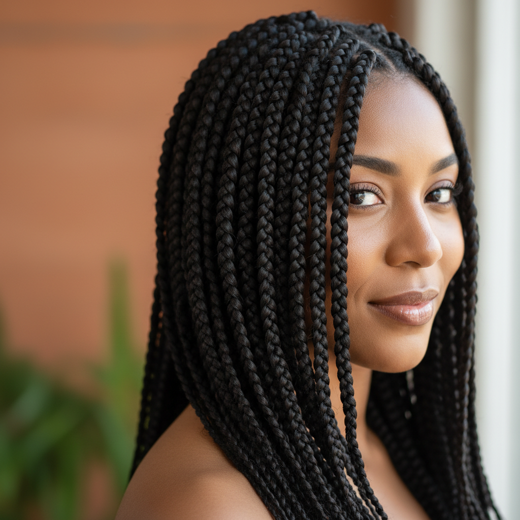 Long box braids flowing down the back, warm amber studio lighting, moody atmosphere
