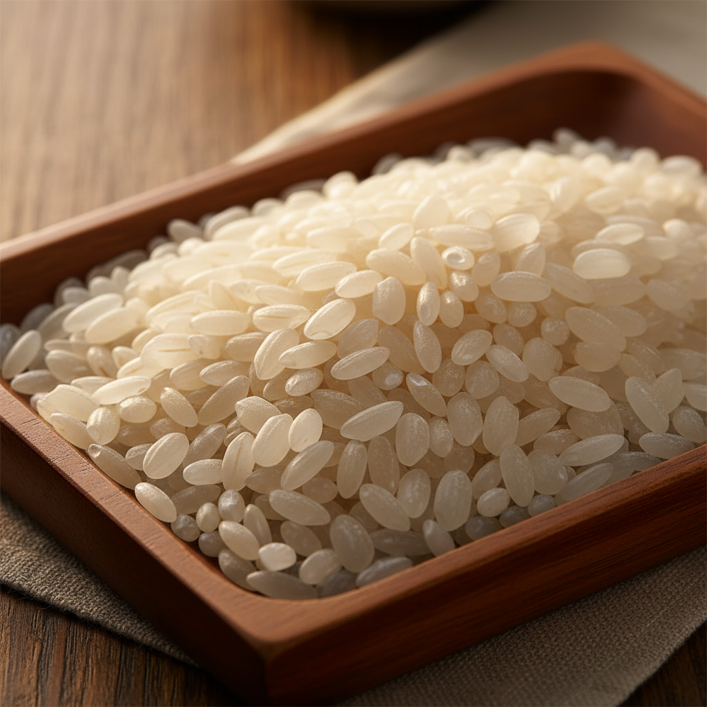Polished Yamada Nishiki rice grains catching warm amber light on a wooden tray
