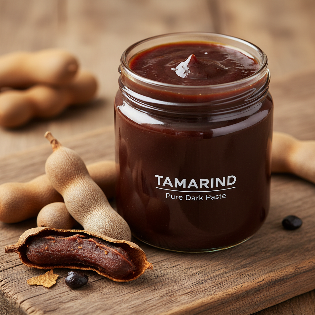 Close-up of dark amber tamarind paste with sticky glossy texture in a ceramic bowl on black slate surface