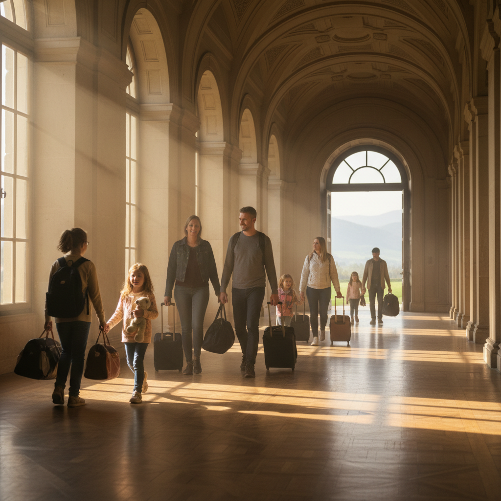 Families walking through a corridor of morning light, carrying bags toward an open door