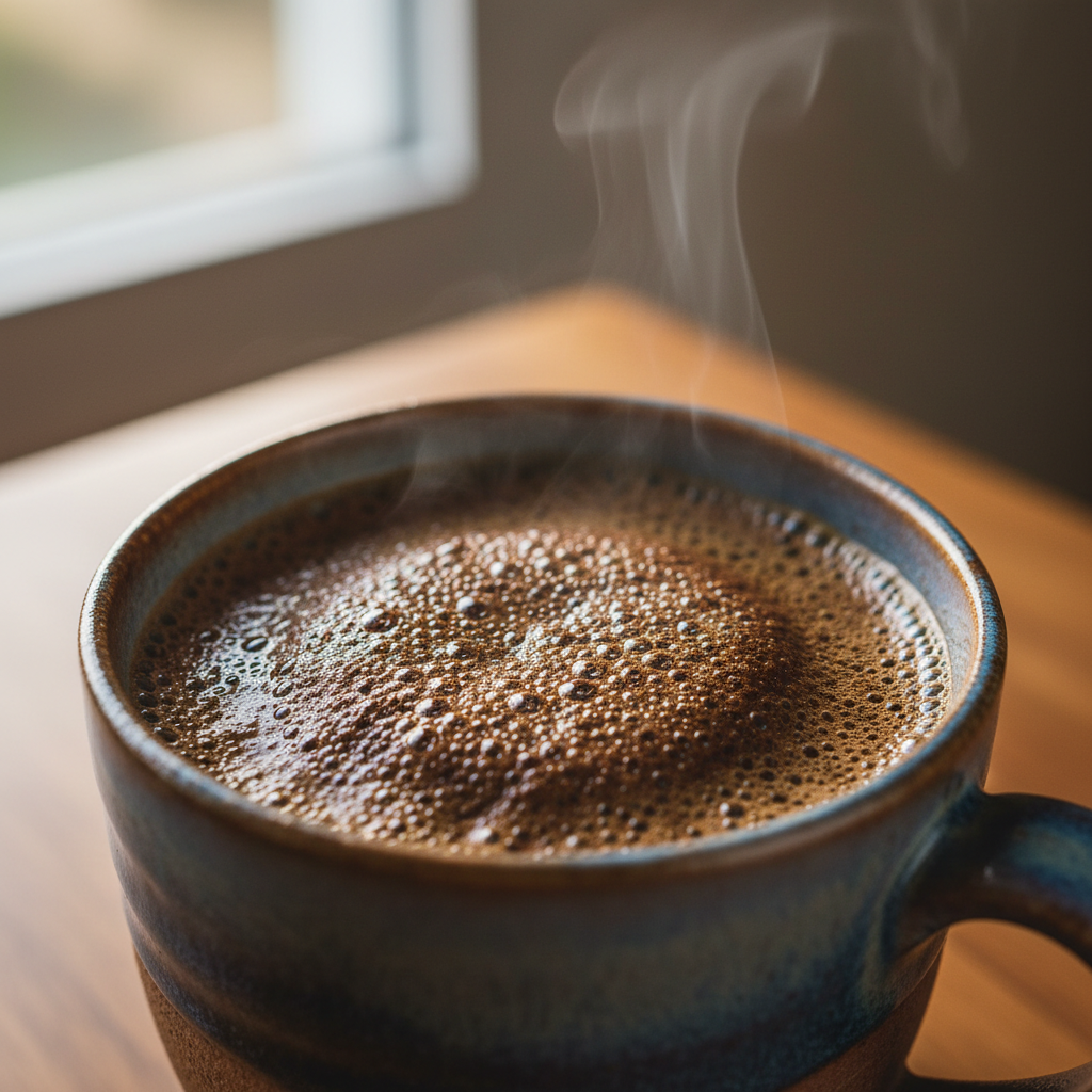 Close-up of pour-over coffee dripping into ceramic cup, steam rising, warm cream tones, artisan brewing ritual