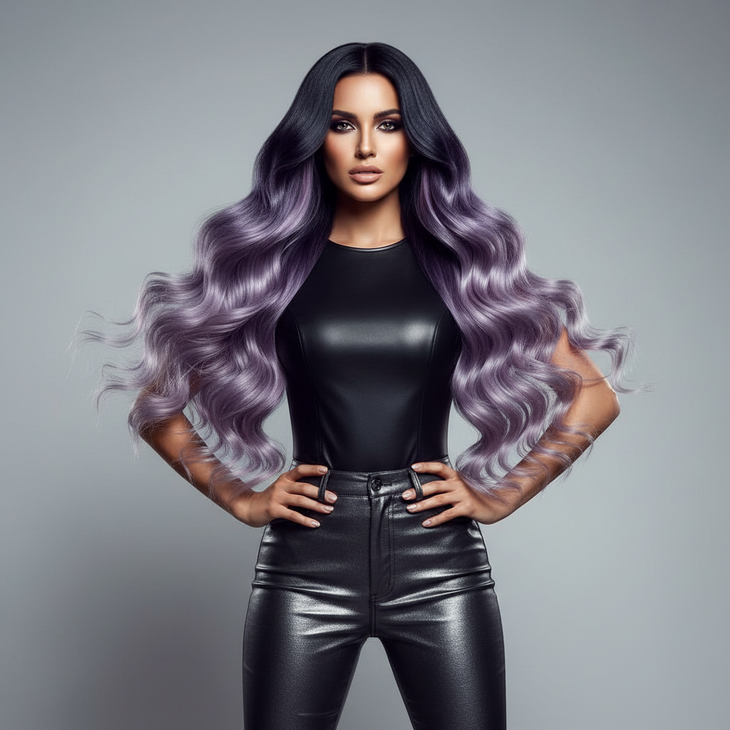 Model with deep obsidian root melt and cascading violet-ash length hair transformation under studio lighting