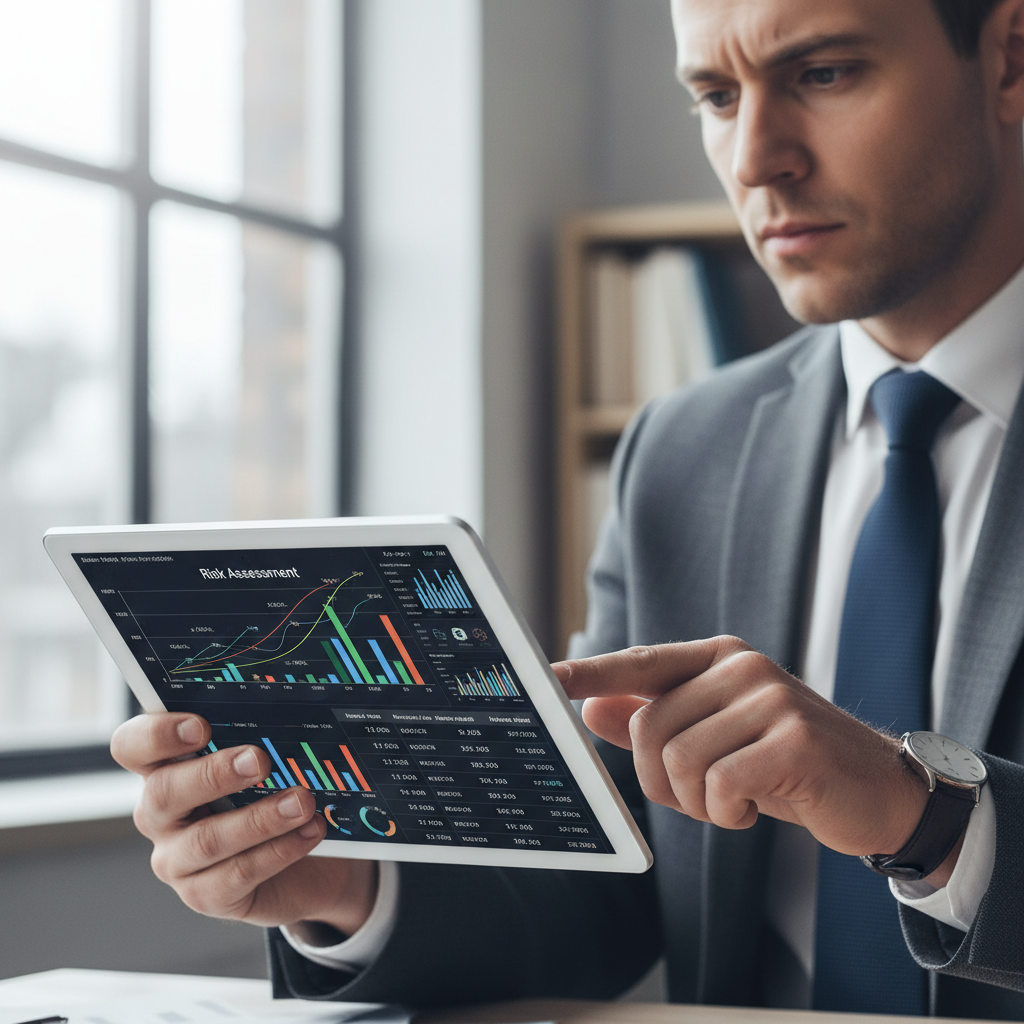 Business professional analyzing data on digital tablet with charts and graphs representing technology assessment and digital transformation planning