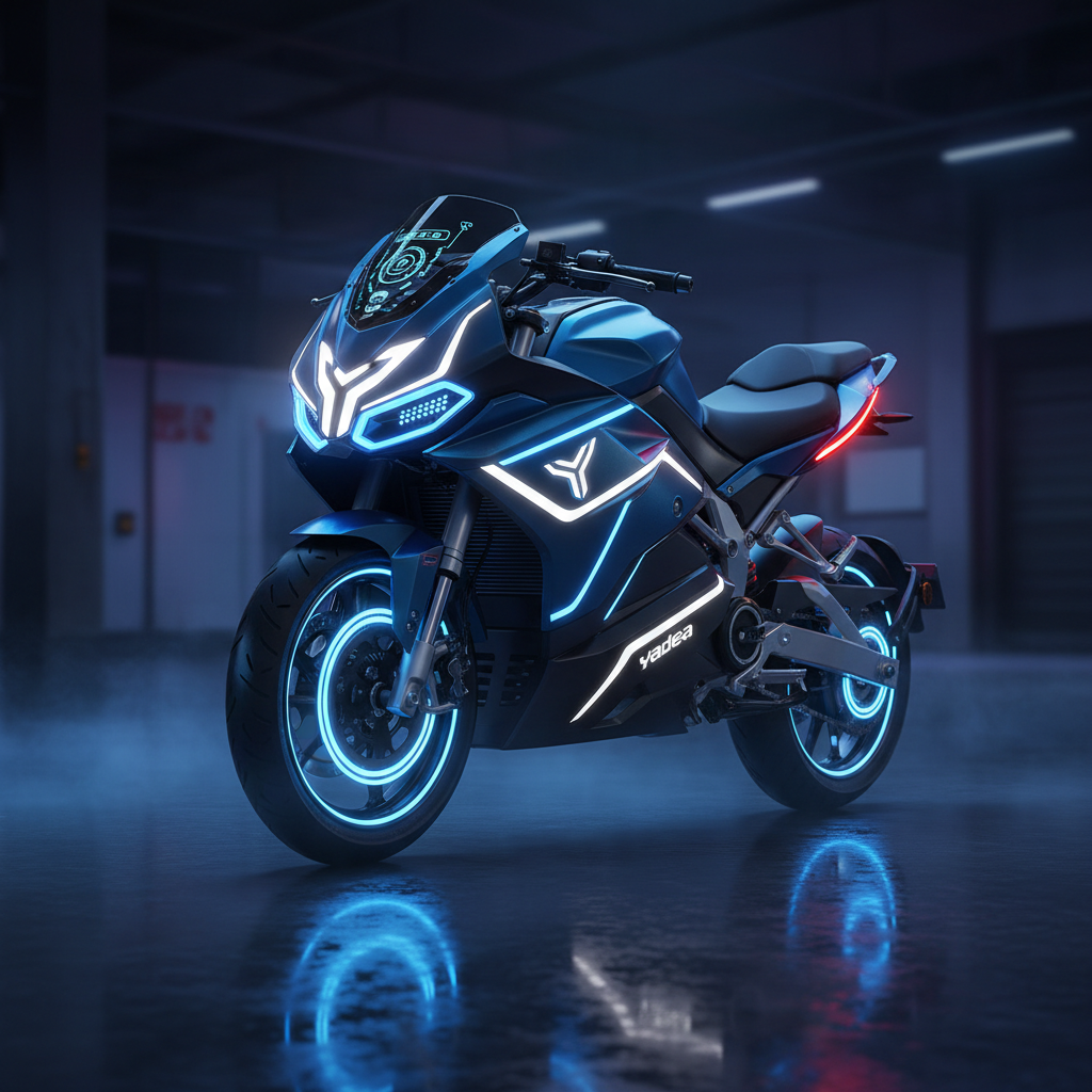 Yadea T9 moto eléctrica en estilo deportivo con iluminación LED futurista