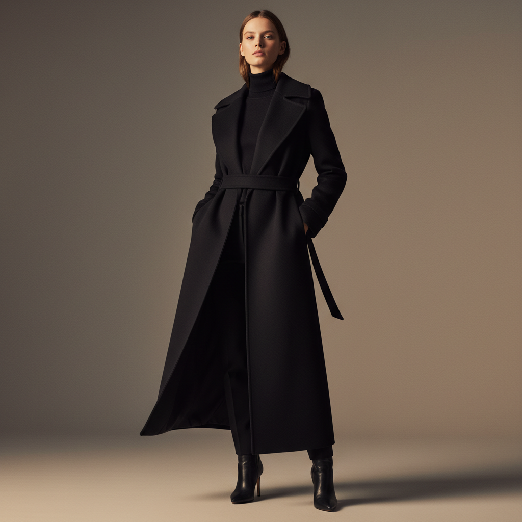Woman in long camel cashmere overcoat in dark studio, dramatic side lighting, luxury fashion editorial