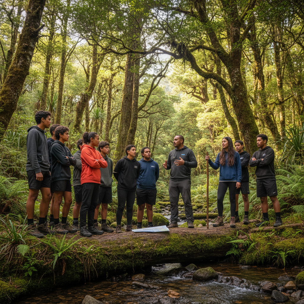Jóvenes en campamento de aventura realizando actividades al aire libre en entorno natural