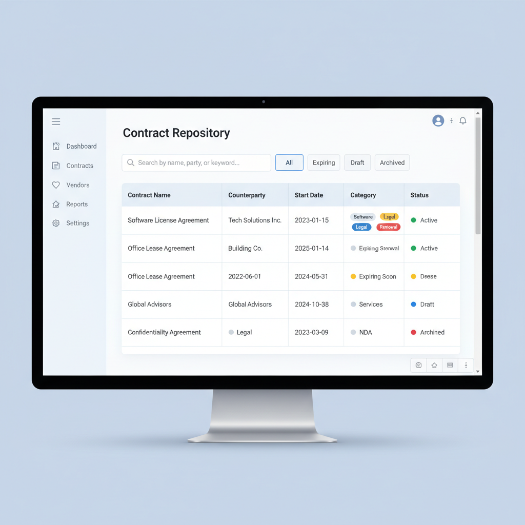 Organized contract repository interface showing searchable list of contracts with status indicators and category tags