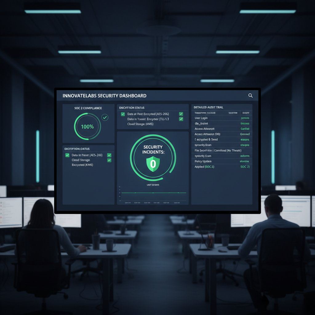 Security dashboard showing device compliance status with encryption and policy enforcement indicators across a fleet of managed devices