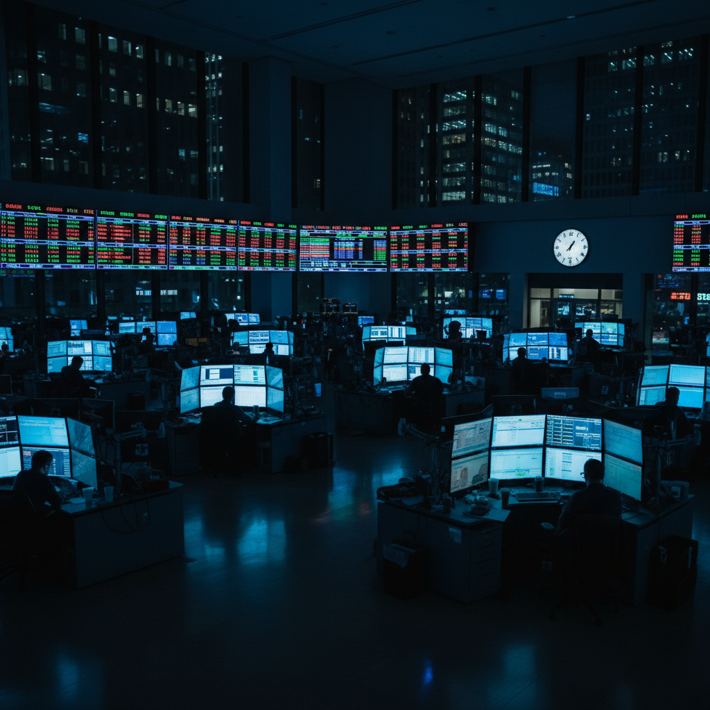 Stock exchange trading floor with financial data displays, dark atmospheric environment, low-key corporate lighting