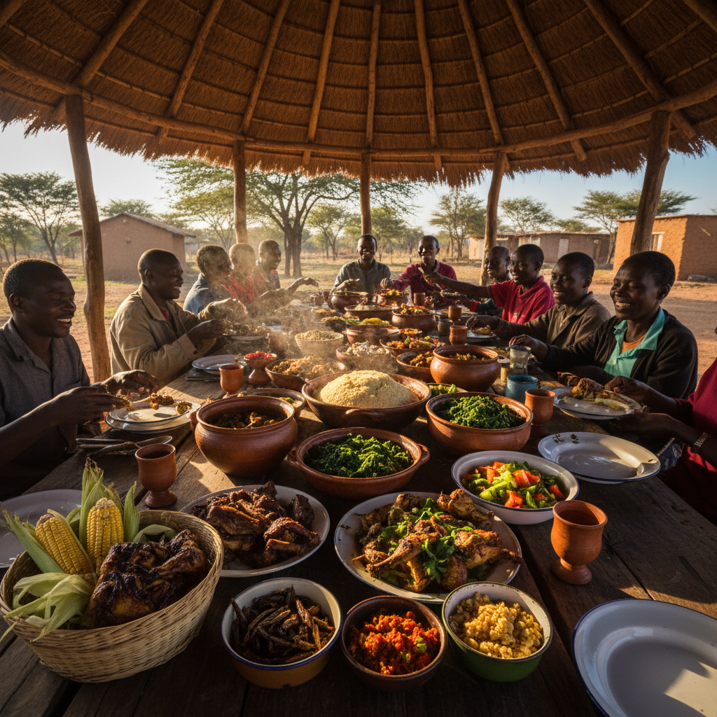 Colorful assortment of traditional Tanzanian dishes in clay bowls on a wooden table