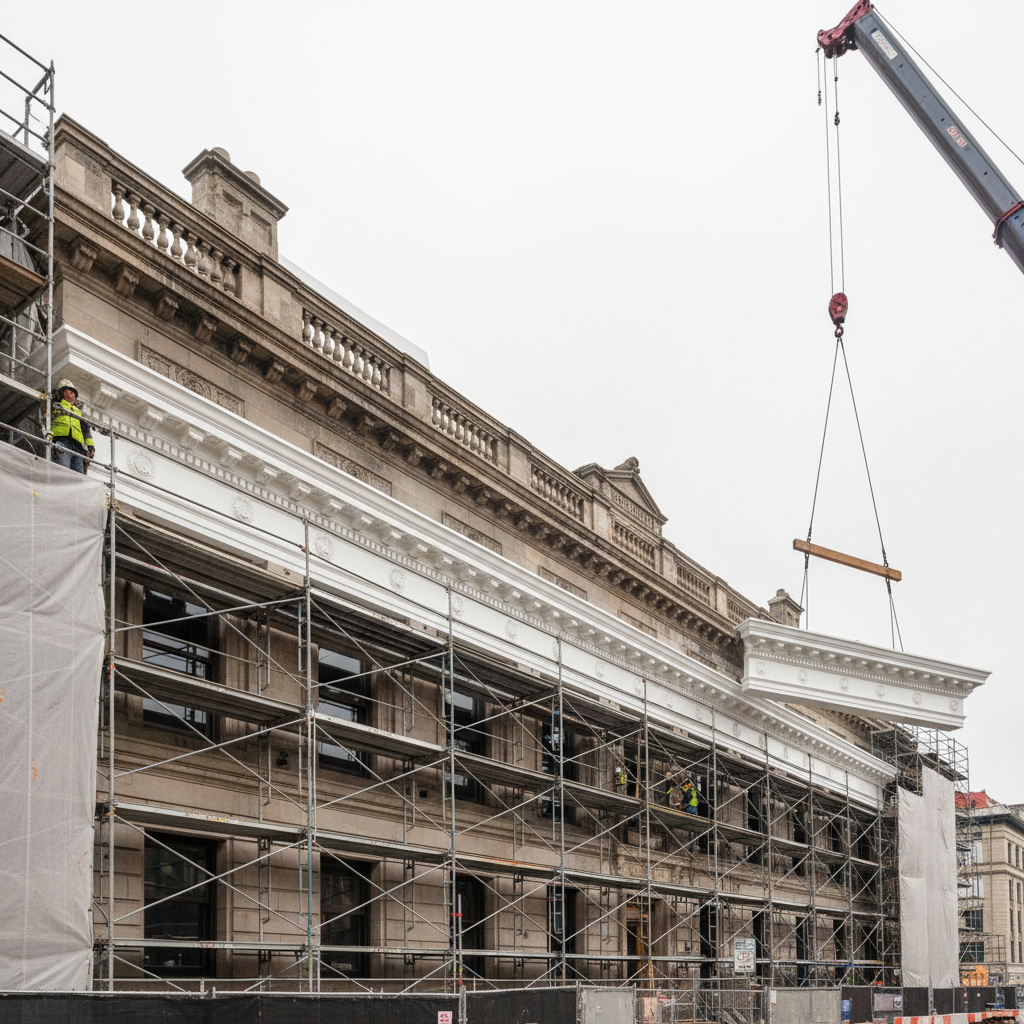 Historic Euclid building renovation with custom fiberglass cornices and facade elements, classical architecture, bright overcast daylight