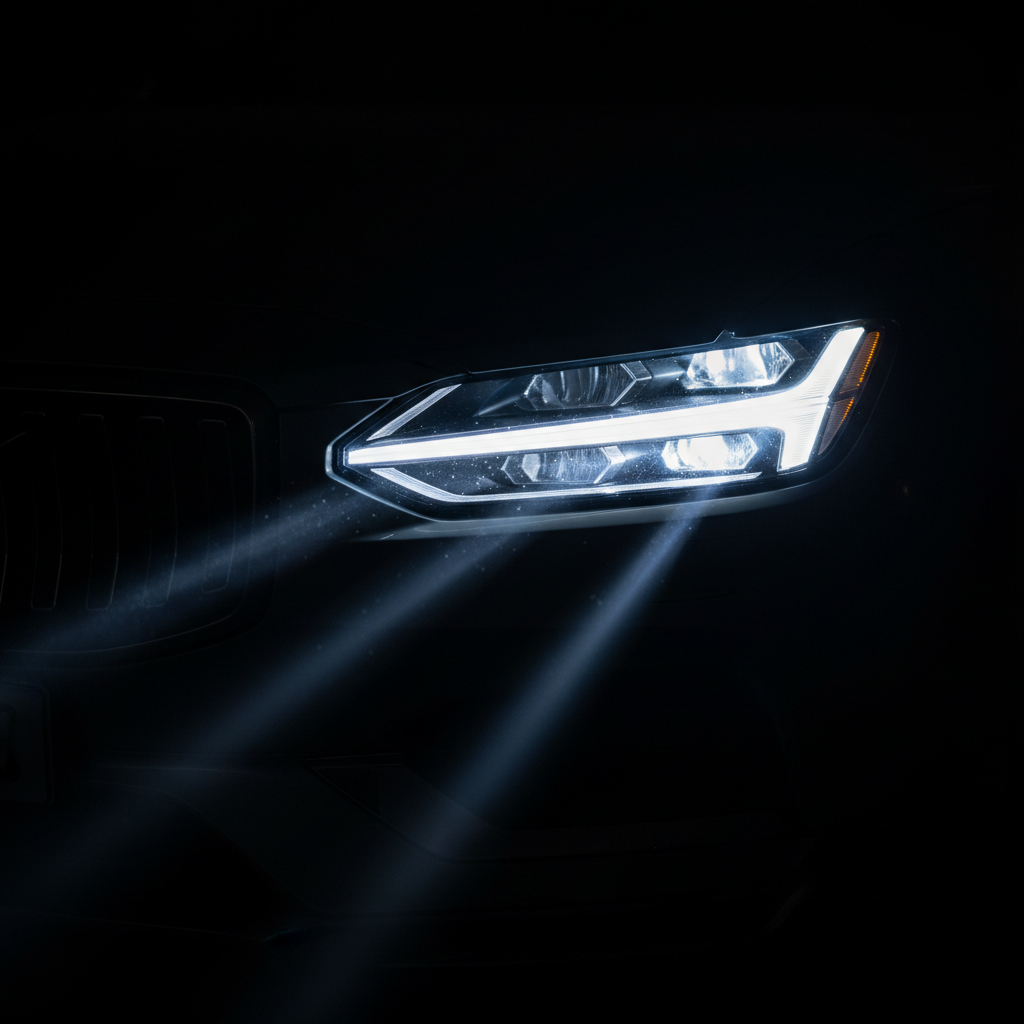 Close-up of Volvo Thor's Hammer LED headlights igniting in darkness, casting sharp geometric light patterns