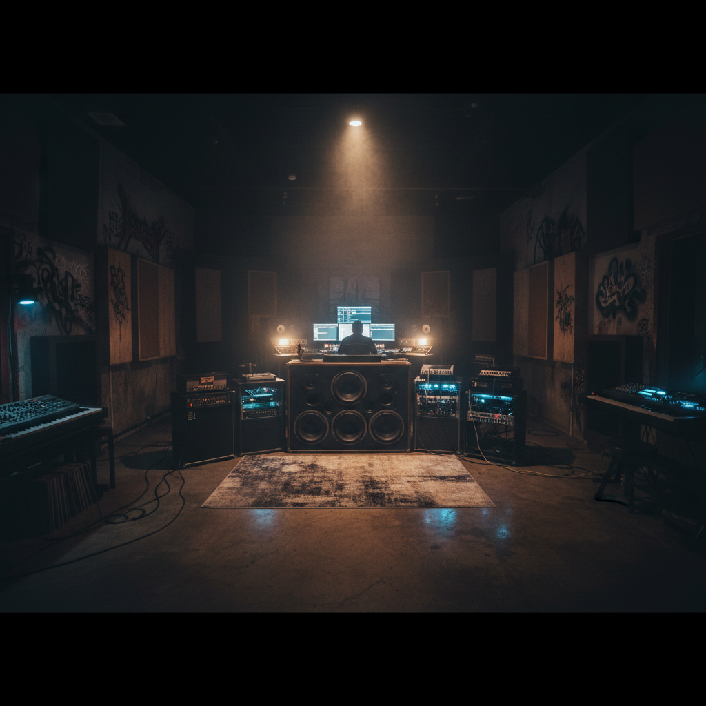 Rap artist in dark recording studio environment with low ambient lighting and deep shadows