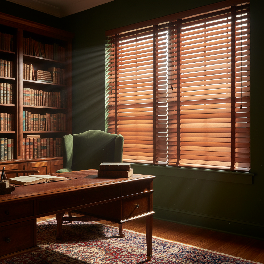 Classic wooden Venetian blinds in home office