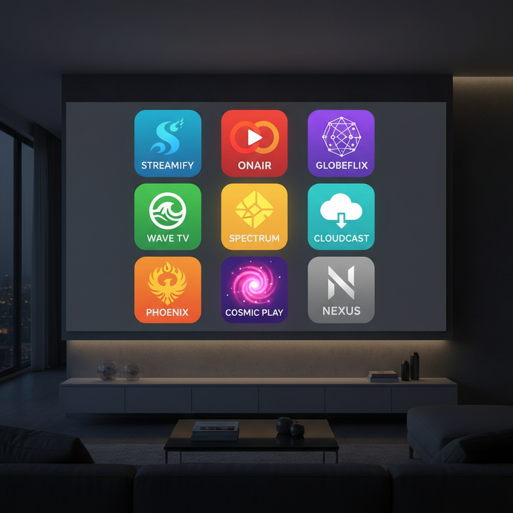 Bright home entertainment setup with TV showing video streaming platform