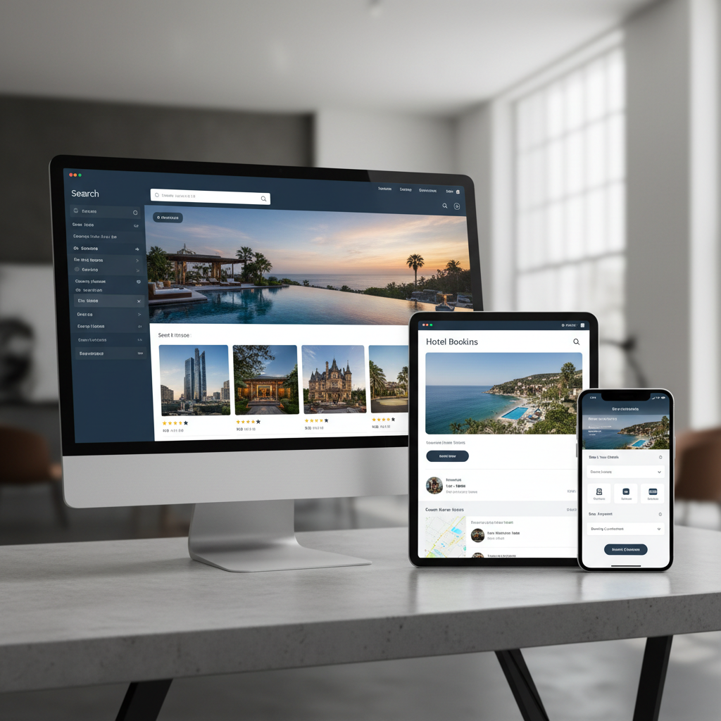Concept boutique hotel website on desktop and two mobile screens showing experience discovery and a booking journey