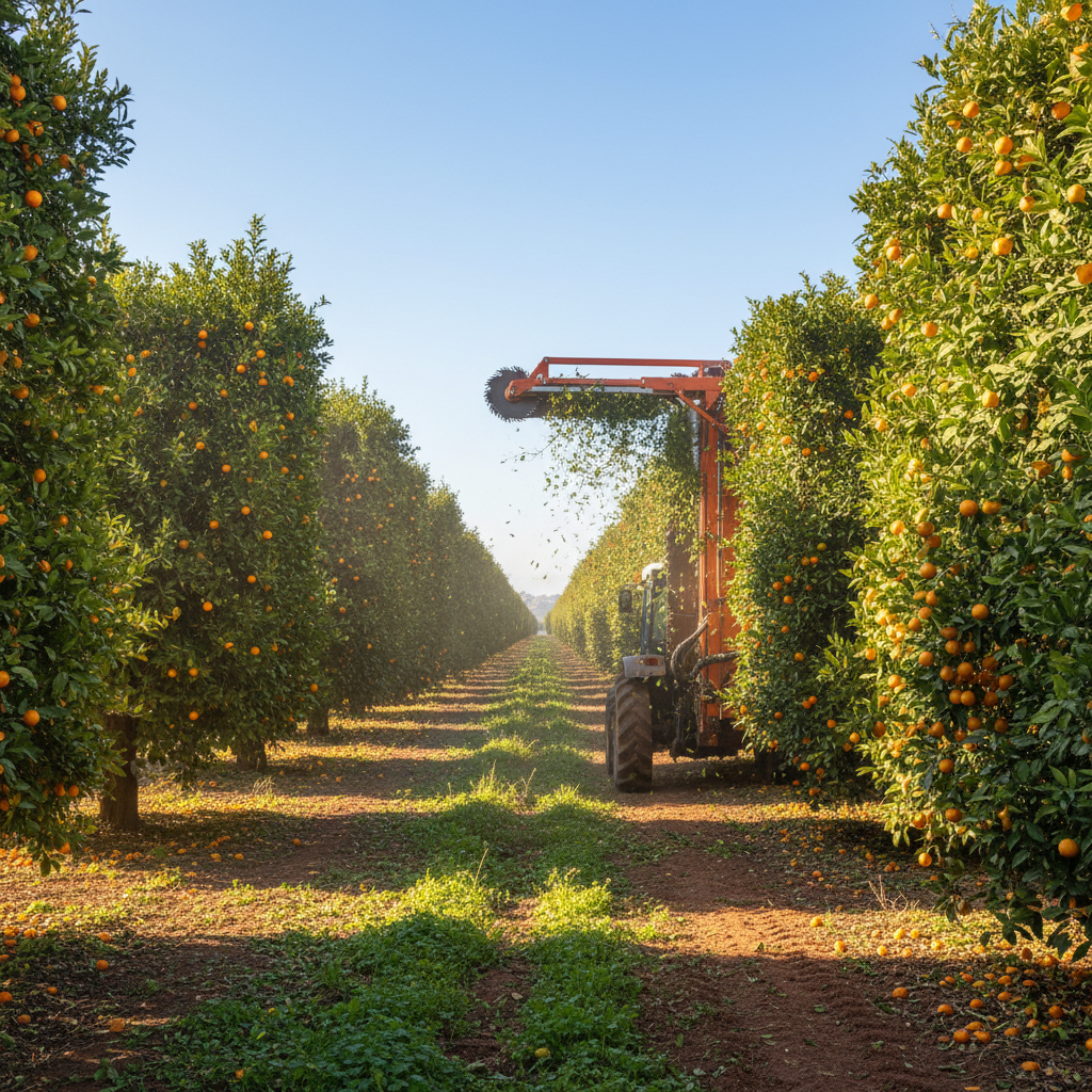 Mechanical hedging machine trimming the sides of citrus tree rows in a Florida commercial grove, organized row structure visible