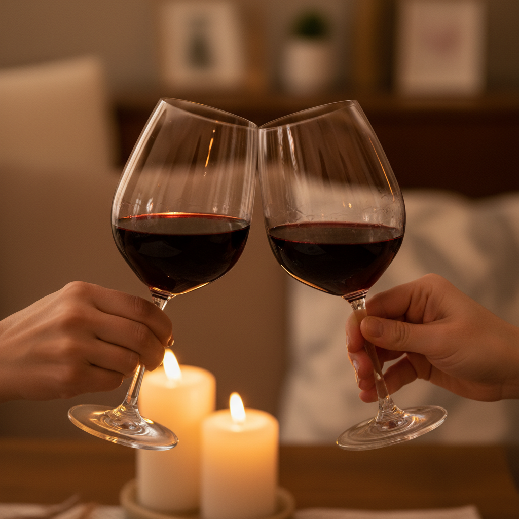 Two guests clinking glasses with candlelight reflected in wine