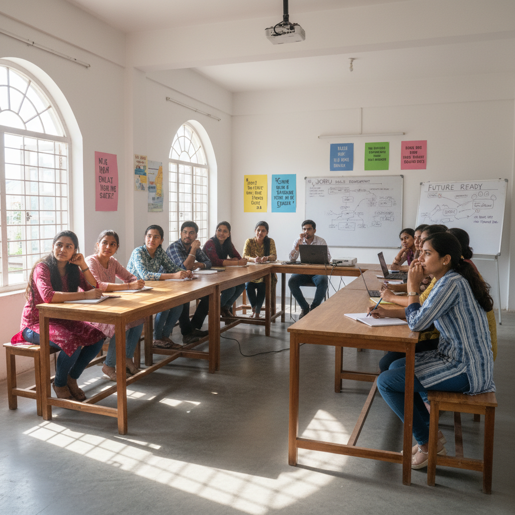 Young Indian adults in skill training workshop, hands-on learning environment