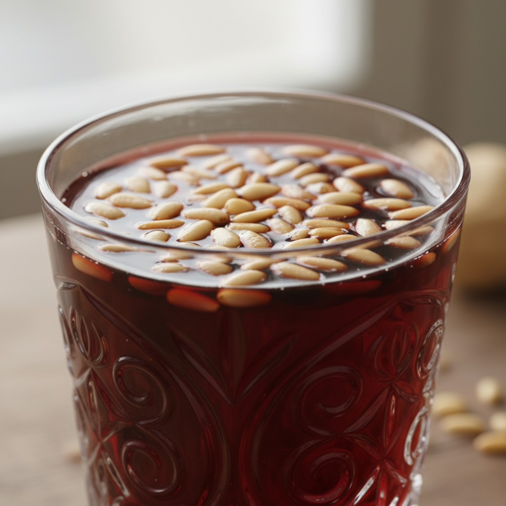Fresh jallab drink in a tall glass with pomegranate seeds, pine nuts, and rose water garnish