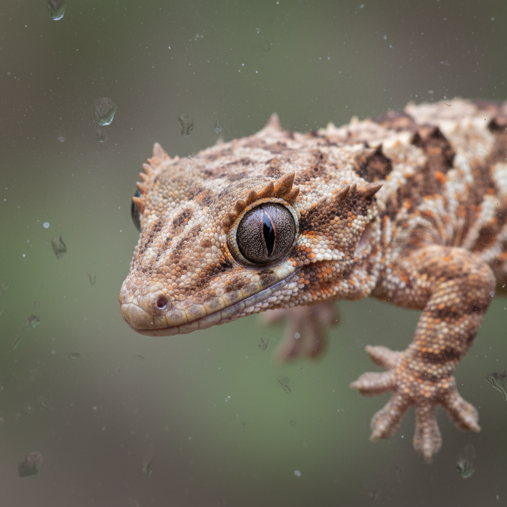 Gargoyle gecko clinging to glass, intricate cranial bumps and patterned dorsum in sharp detail