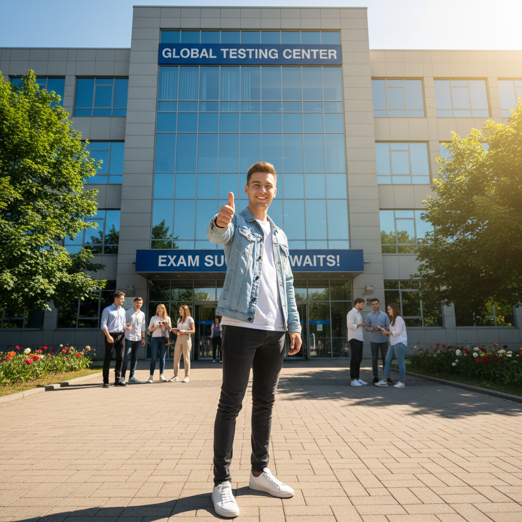 Callum Price, young man giving a thumbs up outside a test centre after passing his driving test