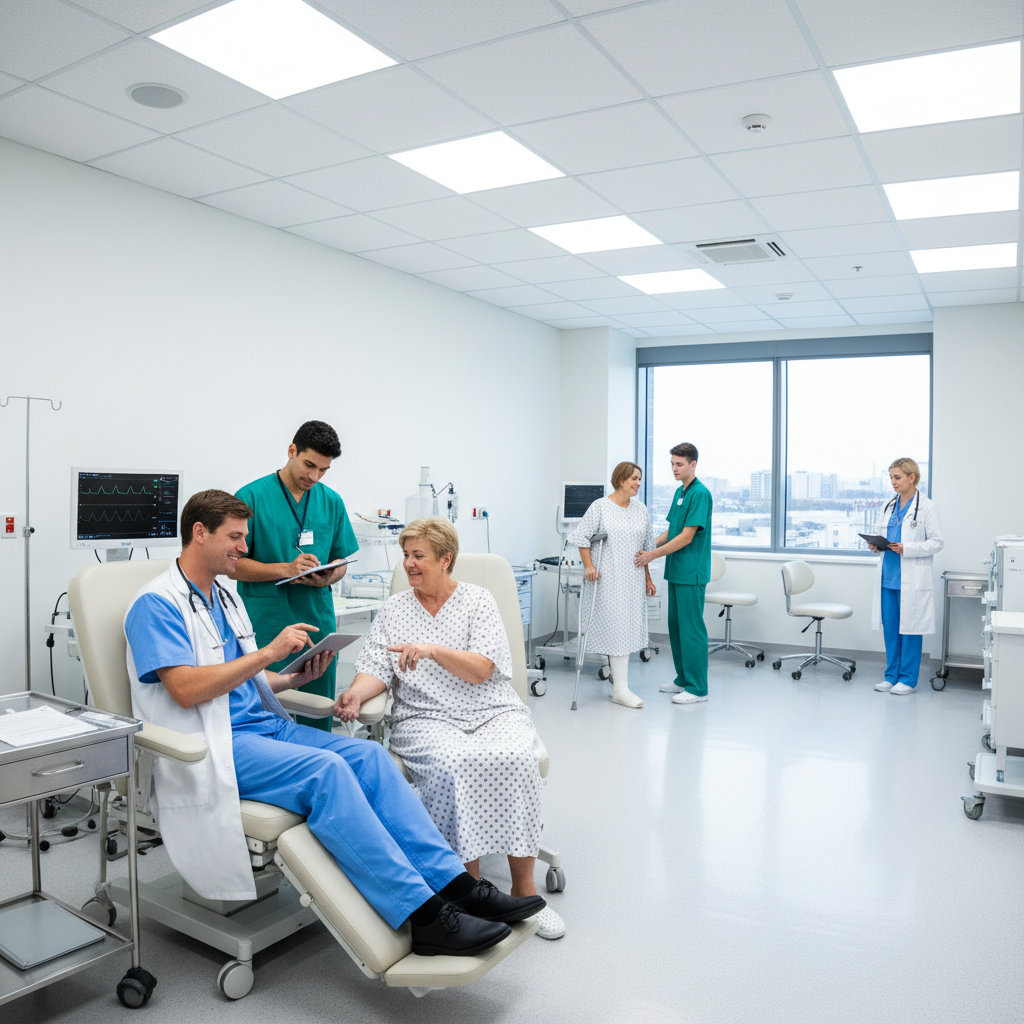 Healthcare team in India — doctor, nurse, and patient in bright modern hospital