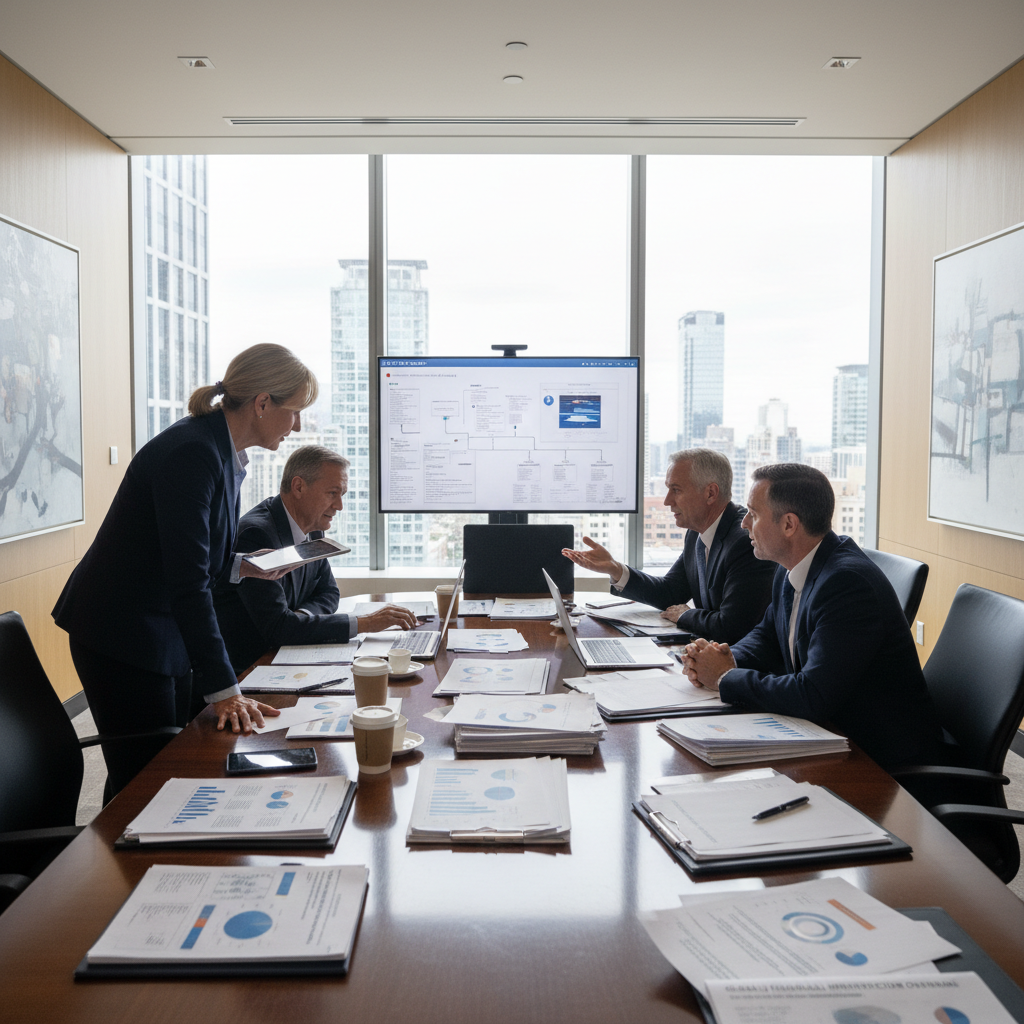 Senior executives in a formal institutional meeting reviewing strategic documents for Islamic finance benchmarking