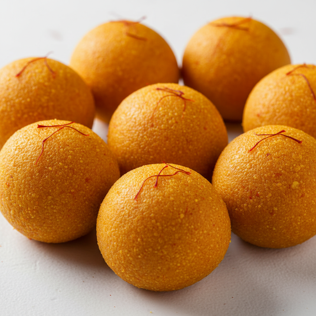 Golden besan ladoo sweets in a small clay bowl on a warm background
