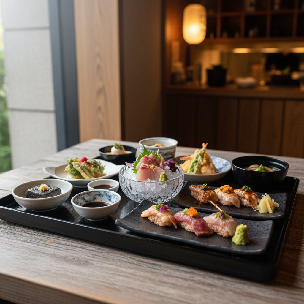 Full omakase tray with twelve handcrafted nigiri pieces arranged on lacquered wood, each piece distinct in color and texture