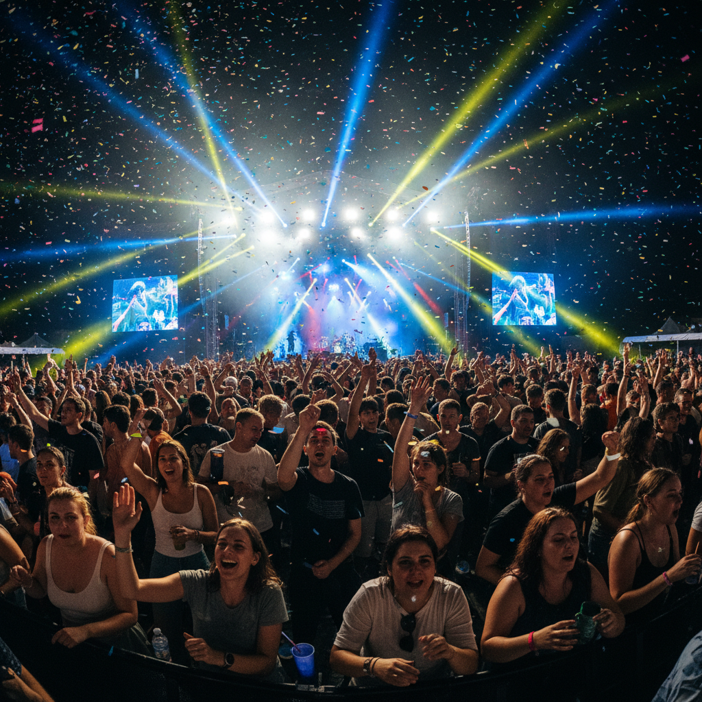 Documentary photographer capturing candid festival moments with natural light and crowd energy