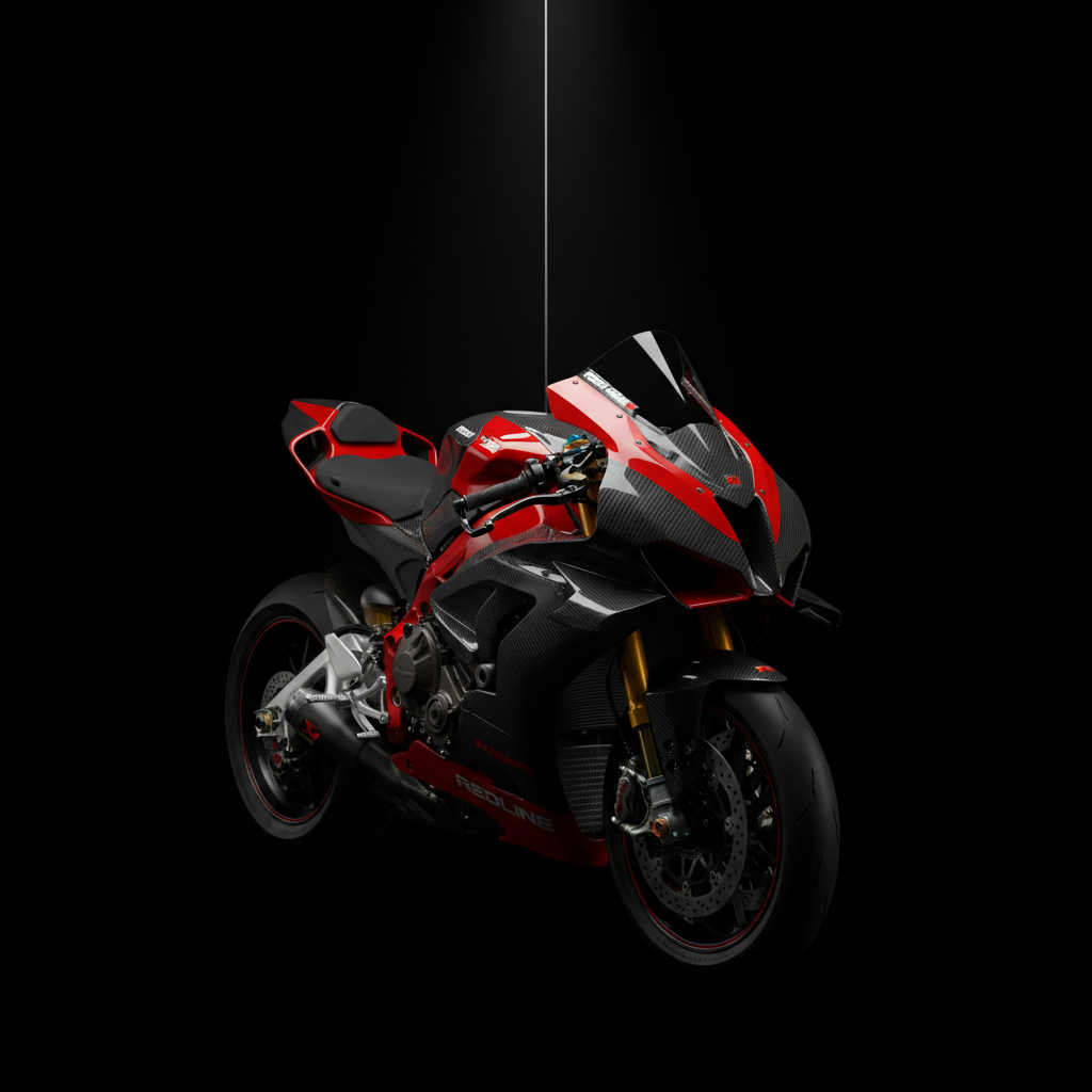 Redline race motorcycle suspended in darkness, carbon fiber bodywork illuminated by razor-thin overhead spotlight