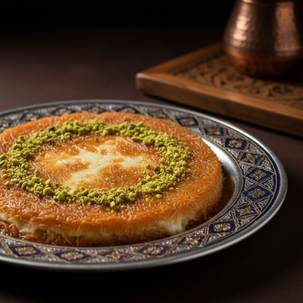 Nabulsiyeh served on ornate Arabic plate with pistachio garnish, dark atmospheric background