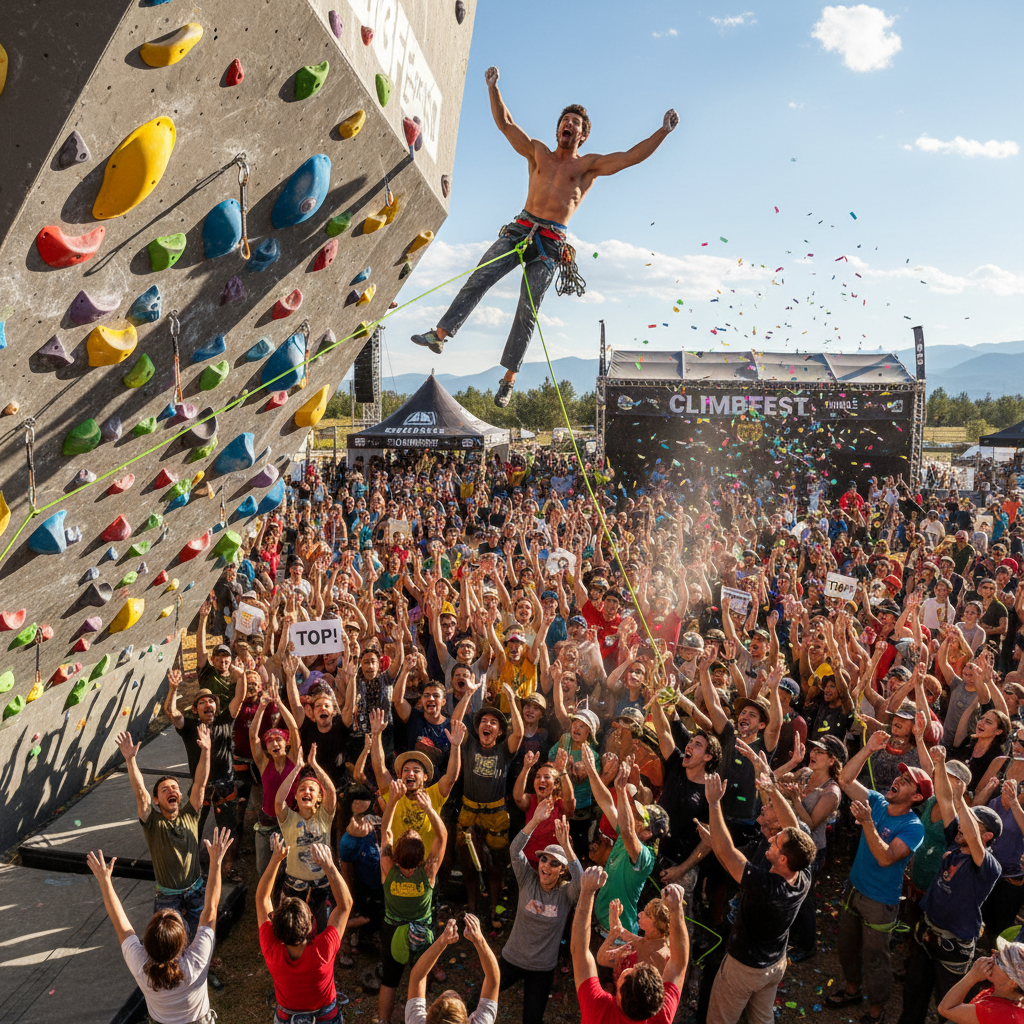 Crowd erupting at ClimbFest finals, climber topping the comp route as spectators cheer