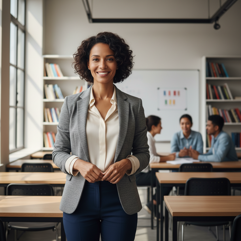 Female education professional with warm smile in office setting