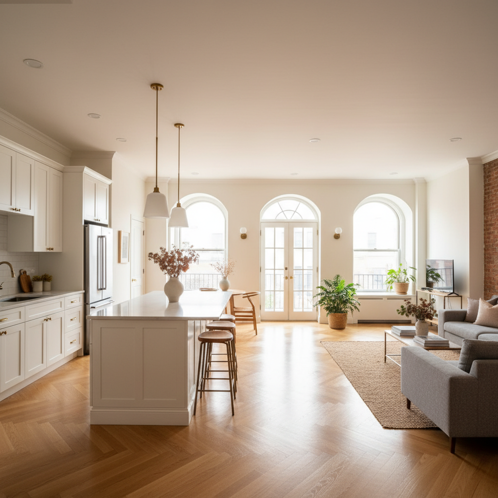 Elegant apartment living room with herringbone wood floors and arched doorways in Lisbon