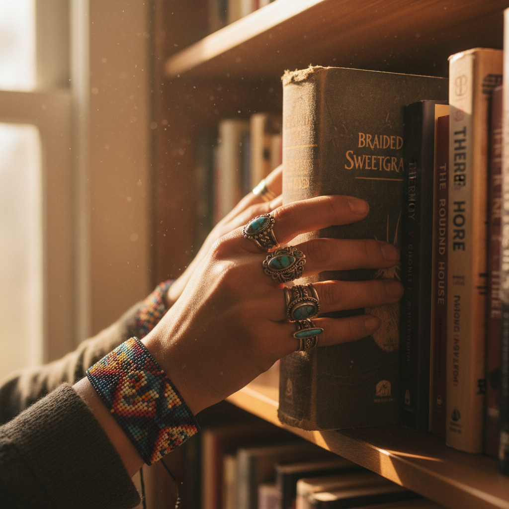 Hands with beadwork bracelet and rings pulling a book from a packed shelf, natural window light catching dust motes, spines of Indigenous titles visible