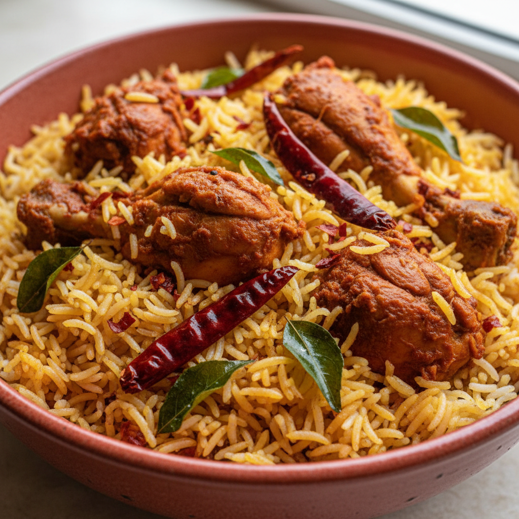 Spiced chicken biriani rice in a bowl with caramelized onions on top