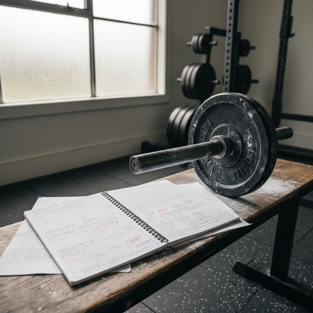 Open training notebook with handwritten periodization notes beside a chalk-dusted barbell