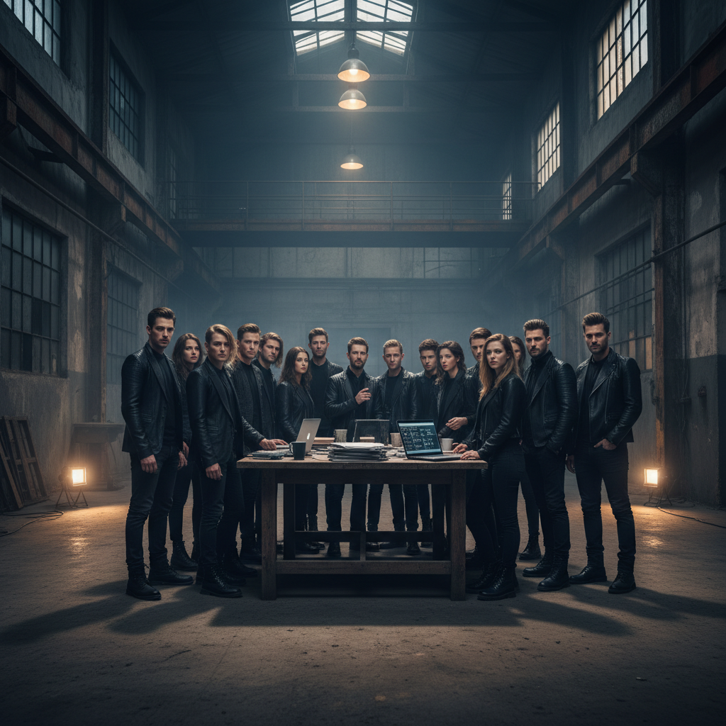 Meridian editorial shoot reel — dramatic lighting in industrial warehouse