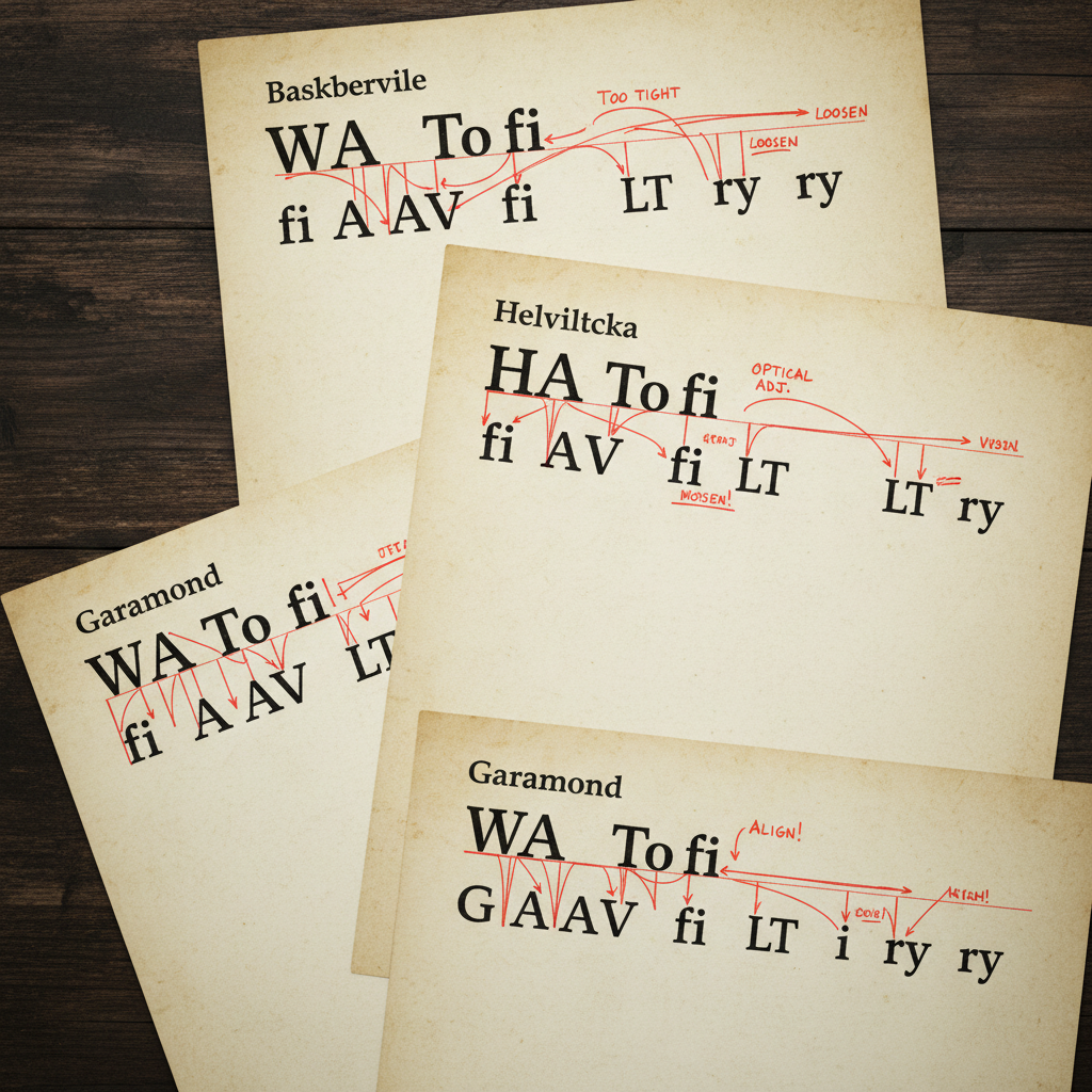 Printed type specimens showing various kerning pairs with red markup annotations between letterforms