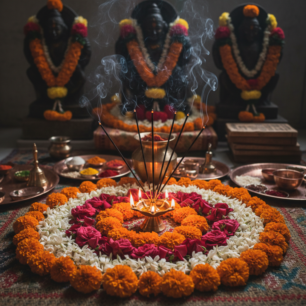 Vedic astrology chart with brass instruments and sacred texts, warm candlelight, deep amber tones, ceremonial setting