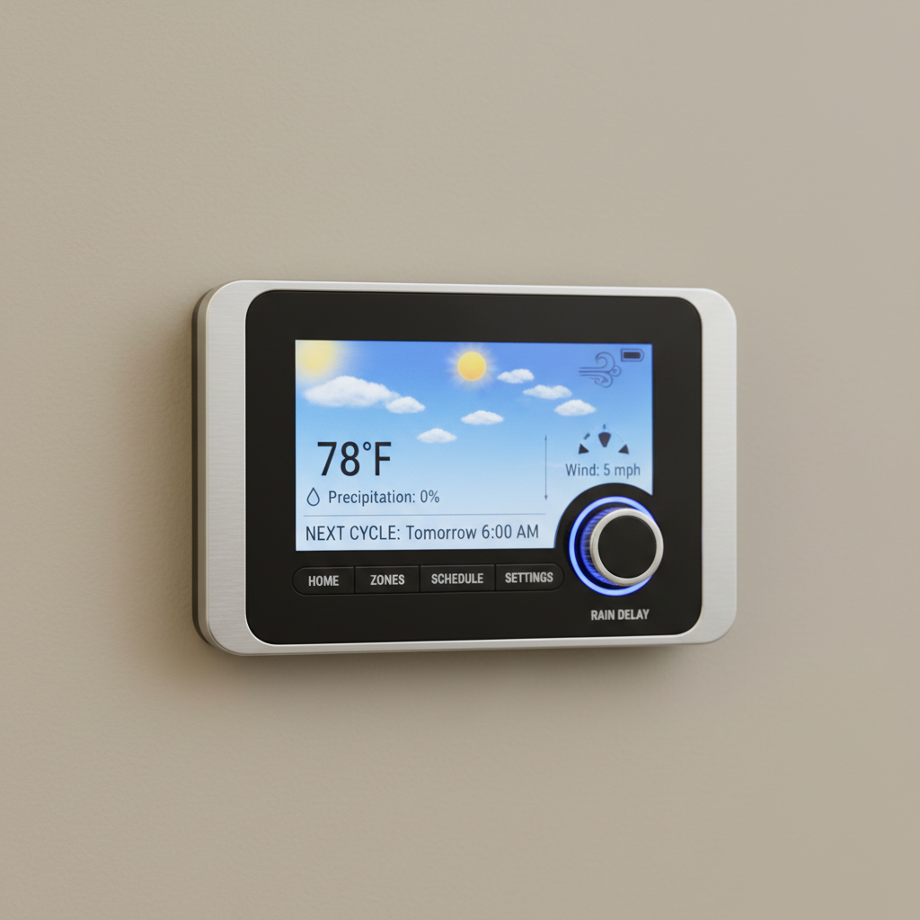 Smart irrigation controller mounted on wall, digital display showing watering schedule, bright setting